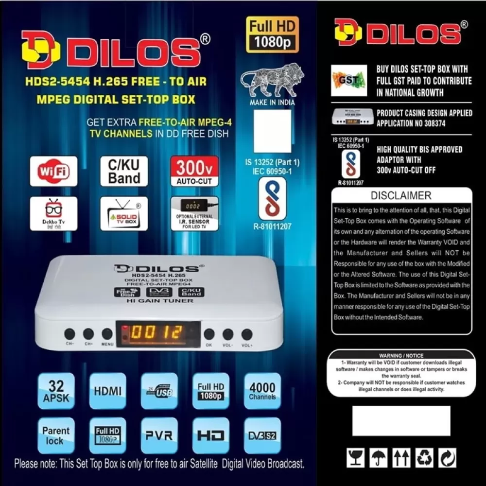 Dilos 5454 HEVC Full HD MPEG‑4 WiFi FTA Set‑Top Box – 400+ Lifetime Free Channels